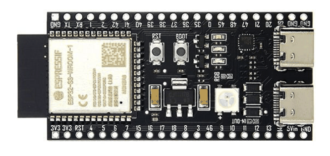 An ESP32-S3-N16R8 development board: a small black circuit board with an ESP32-S3-WROOM-1 module on the left, RST and BOOT buttons in the middle, and two USB-C ports on the right.